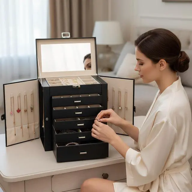 Alt view image 7 of 7 - Large Jewelry Box for Women, 6 Layer Jewelry Organizer with 5 Drawer and Side Doors & Necklace Hooks, Leather Jewelry Storage Boxes for Earrings, Rings, Bracelets