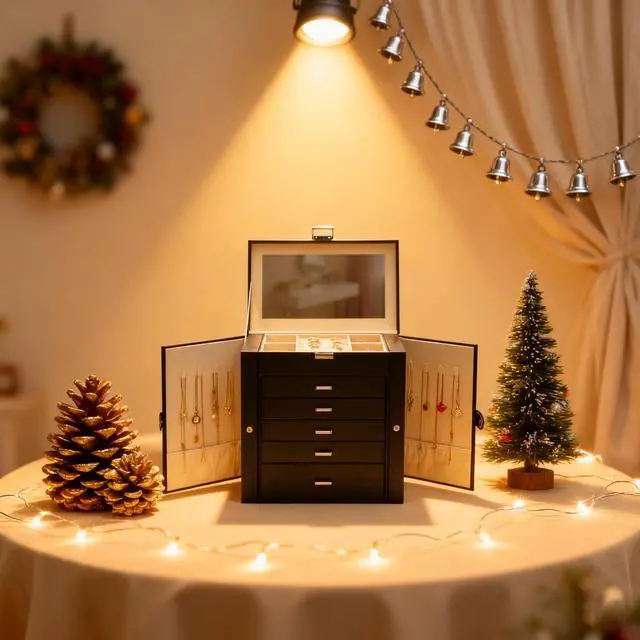 Alt view image 6 of 7 - Large Jewelry Box for Women, 6 Layer Jewelry Organizer with 5 Drawer and Side Doors & Necklace Hooks, Leather Jewelry Storage Boxes for Earrings, Rings, Bracelets