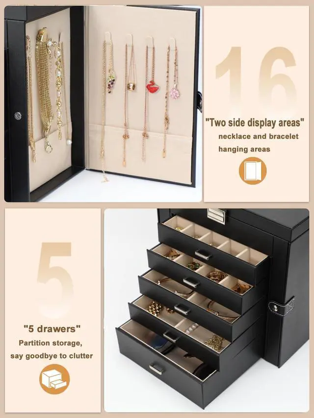 Alt view image 3 of 7 - Large Jewelry Box for Women, 6 Layer Jewelry Organizer with 5 Drawer and Side Doors & Necklace Hooks, Leather Jewelry Storage Boxes for Earrings, Rings, Bracelets