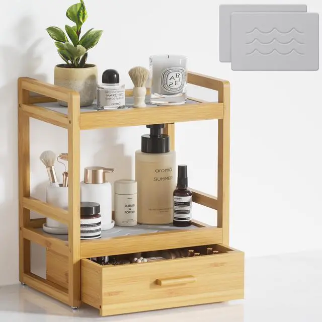 Main image of Bamboo Bathroom Organizer Countertop, 2 Tier Vanity Organizers and Storage with Drawer for Skincare & Makeup, Counter Shelf with Stone Drying Mat for Coffee Bar, Kitchen, Matcha Station
