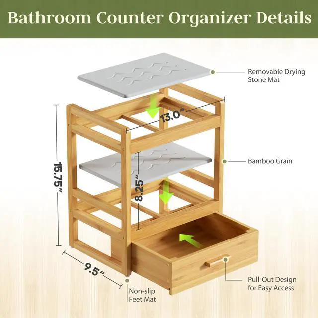 Alt view image 2 of 7 - Bamboo Bathroom Organizer Countertop, 2 Tier Vanity Organizers and Storage with Drawer for Skincare & Makeup, Counter Shelf with Stone Drying Mat for Coffee Bar, Kitchen, Matcha Station