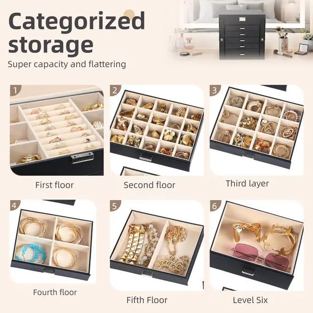 Alt view image 5 of 7 - Large Jewelry Box for Women, 6 Layer Jewelry Organizer with 5 Drawer and Side Doors & Necklace Hooks, Leather Jewelry Storage Boxes for Earrings, Rings, Bracelets
