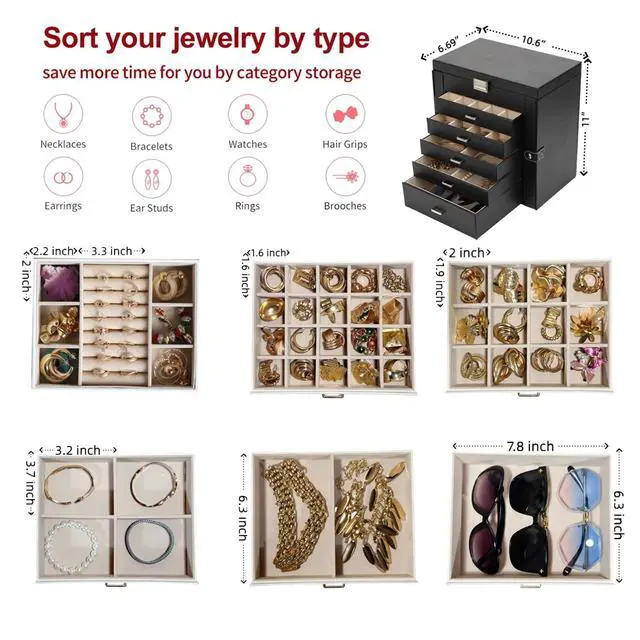 Alt view image 4 of 7 - Large Jewelry Box for Women, 6 Layer Jewelry Organizer with 5 Drawer and Side Doors & Necklace Hooks, Leather Jewelry Storage Boxes for Earrings, Rings, Bracelets