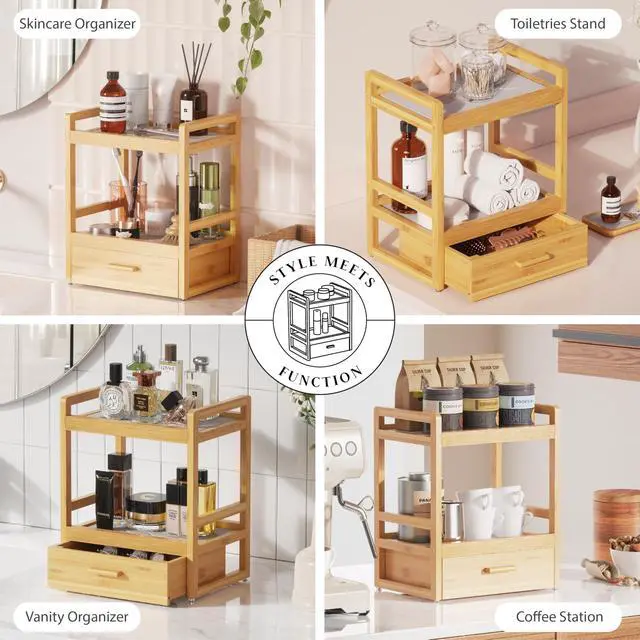 Alt view image 6 of 7 - Bamboo Bathroom Organizer Countertop, 2 Tier Vanity Organizers and Storage with Drawer for Skincare & Makeup, Counter Shelf with Stone Drying Mat for Coffee Bar, Kitchen, Matcha Station