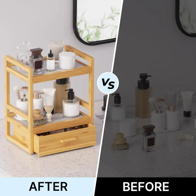Alt view image 7 of 7 - Bamboo Bathroom Organizer Countertop, 2 Tier Vanity Organizers and Storage with Drawer for Skincare & Makeup, Counter Shelf with Stone Drying Mat for Coffee Bar, Kitchen, Matcha Station