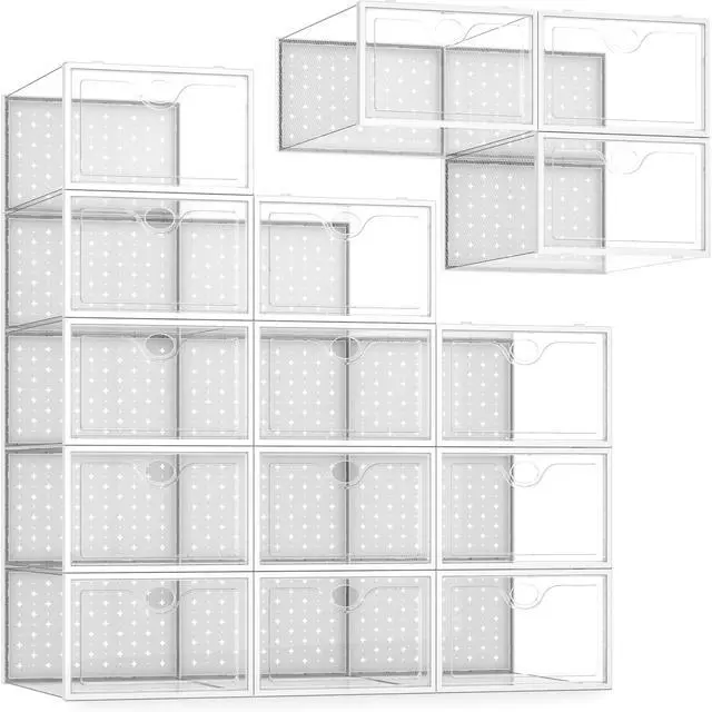 Main image of 15 Pack X-Large Shoe Storage Boxes Fit US Size 11, Shoe Organizer for Closet Clear Plastic Stackable Shoe Dispaly Case Holder Bins, Sneaker Storage for Sneakerheads White for Home and Family