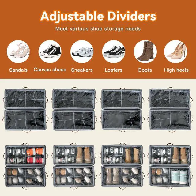 Alt view image 4 of 7 - 4 Pack Shoe Organizer for Closet, Foldable Shoe Storage Organizer with Adjustable Dividers and Clear Cover, Stackable Fabric Closet Shoe Organizer Storage Box Fits 32 Pairs, Gray
