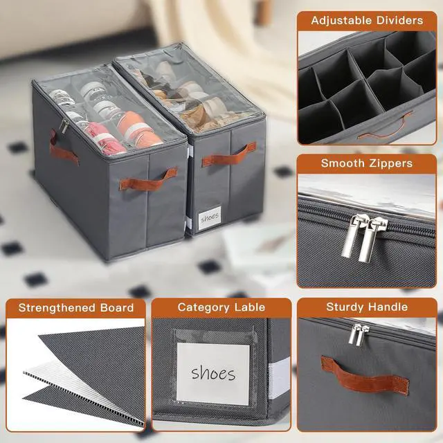 Alt view image 5 of 7 - 4 Pack Shoe Organizer for Closet, Foldable Shoe Storage Organizer with Adjustable Dividers and Clear Cover, Stackable Fabric Closet Shoe Organizer Storage Box Fits 32 Pairs, Gray