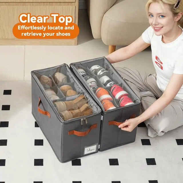 Alt view image 7 of 7 - 4 Pack Shoe Organizer for Closet, Foldable Shoe Storage Organizer with Adjustable Dividers and Clear Cover, Stackable Fabric Closet Shoe Organizer Storage Box Fits 32 Pairs, Gray