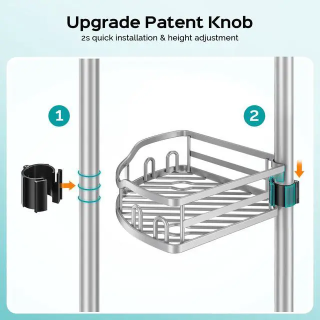 Alt view image 2 of 7 - Corner Shower Caddy Tension Pole: Rustproof 4-Tier Bathroom Organizer Shelves for Bathtub Shampoo Storage - 47-121 Inch Quick Install Adjustable Rod Standing Rack with Soap Rack - Silver Gray