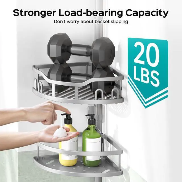 Alt view image 3 of 7 - Corner Shower Caddy Tension Pole: Rustproof 4-Tier Bathroom Organizer Shelves for Bathtub Shampoo Storage - 47-121 Inch Quick Install Adjustable Rod Standing Rack with Soap Rack - Silver Gray