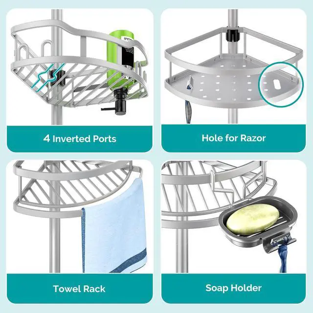 Alt view image 6 of 7 - Corner Shower Caddy Tension Pole: Rustproof 4-Tier Bathroom Organizer Shelves for Bathtub Shampoo Storage - 47-121 Inch Quick Install Adjustable Rod Standing Rack with Soap Rack - Silver Gray