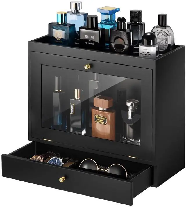 Main image of Perfume Organizer for Men, Wood Perfume Display Stand with Velvet Lining Drawer,Capacity Dustproof Perfume Holder for Watch,Jewelry,Perfume Display Risers,A Gift for Men (Black)