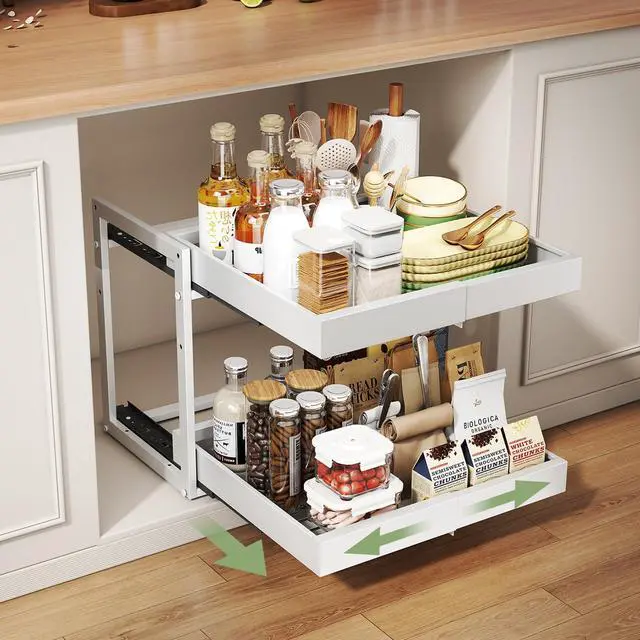 Main image of Expandable Pull Out Cabinet Organizer, 2-Tier Slide Out Drawer for Kitchen Cabinets, Adjustable Width 1218.5", Slide Out Shelves for Kitchen, Bathroom, Pantry, Heavy Duty Caddy(White)