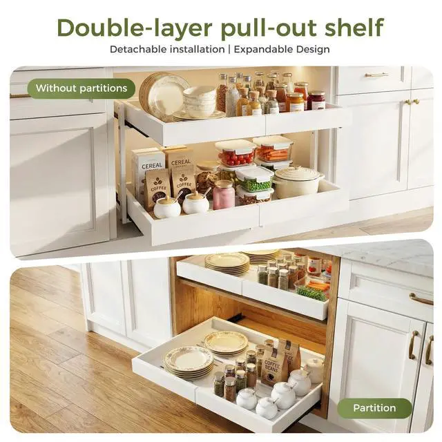 Alt view image 3 of 7 - Expandable Pull Out Cabinet Organizer, 2-Tier Slide Out Drawer for Kitchen Cabinets, Adjustable Width 1218.5", Slide Out Shelves for Kitchen, Bathroom, Pantry, Heavy Duty Caddy(White)