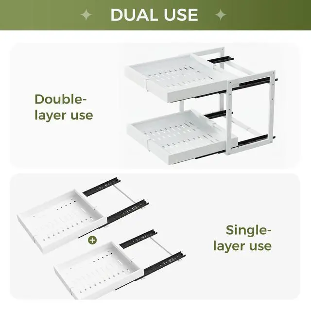 Alt view image 5 of 7 - Expandable Pull Out Cabinet Organizer, 2-Tier Slide Out Drawer for Kitchen Cabinets, Adjustable Width 1218.5", Slide Out Shelves for Kitchen, Bathroom, Pantry, Heavy Duty Caddy(White)