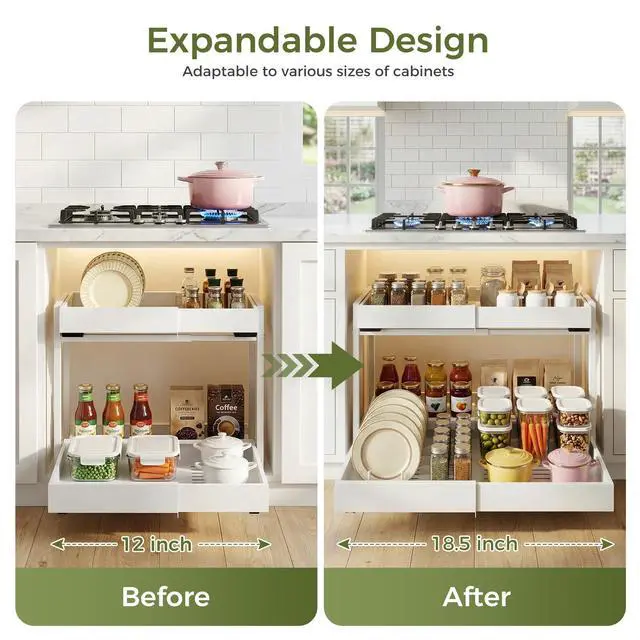 Alt view image 2 of 7 - Expandable Pull Out Cabinet Organizer, 2-Tier Slide Out Drawer for Kitchen Cabinets, Adjustable Width 1218.5", Slide Out Shelves for Kitchen, Bathroom, Pantry, Heavy Duty Caddy(White)