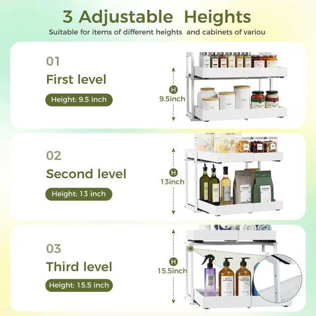 Alt view image 6 of 7 - Expandable Pull Out Cabinet Organizer, 2-Tier Slide Out Drawer for Kitchen Cabinets, Adjustable Width 1218.5", Slide Out Shelves for Kitchen, Bathroom, Pantry, Heavy Duty Caddy(White)