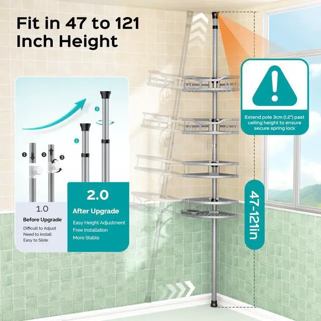 Alt view image 4 of 7 - Corner Shower Caddy Tension Pole: Rustproof 4-Tier Bathroom Organizer Shelves for Bathtub Shampoo Storage - 47-121 Inch Quick Install Adjustable Rod Standing Rack with Soap Rack - Silver Gray