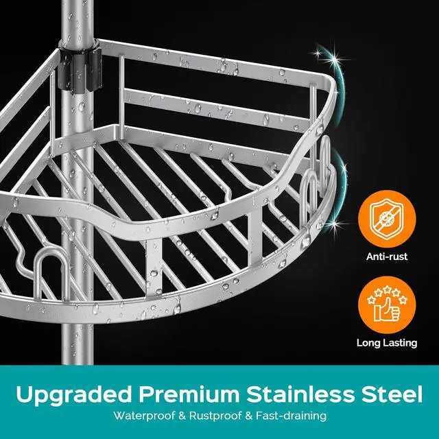 Alt view image 5 of 7 - Corner Shower Caddy Tension Pole: Rustproof 4-Tier Bathroom Organizer Shelves for Bathtub Shampoo Storage - 47-121 Inch Quick Install Adjustable Rod Standing Rack with Soap Rack - Silver Gray