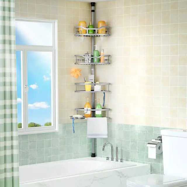 Alt view image 7 of 7 - Corner Shower Caddy Tension Pole: Rustproof 4-Tier Bathroom Organizer Shelves for Bathtub Shampoo Storage - 47-121 Inch Quick Install Adjustable Rod Standing Rack with Soap Rack - Silver Gray
