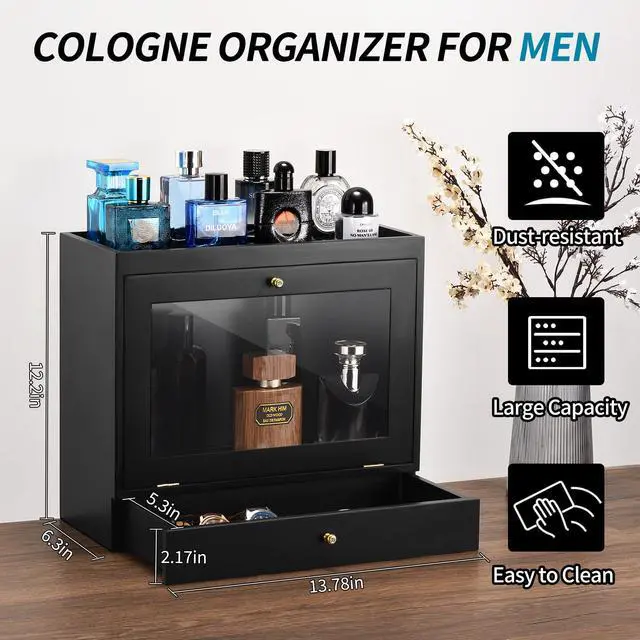 Alt view image 2 of 7 - Perfume Organizer for Men, Wood Perfume Display Stand with Velvet Lining Drawer,Capacity Dustproof Perfume Holder for Watch,Jewelry,Perfume Display Risers,A Gift for Men (Black)