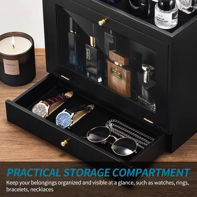 Alt view image 4 of 7 - Perfume Organizer for Men, Wood Perfume Display Stand with Velvet Lining Drawer,Capacity Dustproof Perfume Holder for Watch,Jewelry,Perfume Display Risers,A Gift for Men (Black)