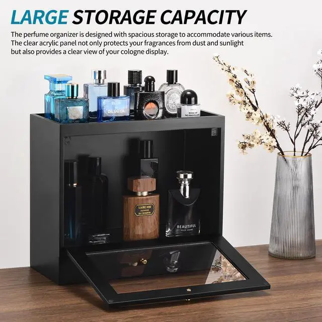Alt view image 5 of 7 - Perfume Organizer for Men, Wood Perfume Display Stand with Velvet Lining Drawer,Capacity Dustproof Perfume Holder for Watch,Jewelry,Perfume Display Risers,A Gift for Men (Black)
