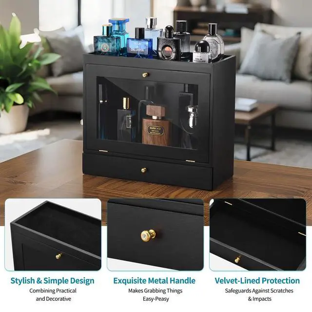 Alt view image 6 of 7 - Perfume Organizer for Men, Wood Perfume Display Stand with Velvet Lining Drawer,Capacity Dustproof Perfume Holder for Watch,Jewelry,Perfume Display Risers,A Gift for Men (Black)
