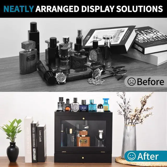 Alt view image 7 of 7 - Perfume Organizer for Men, Wood Perfume Display Stand with Velvet Lining Drawer,Capacity Dustproof Perfume Holder for Watch,Jewelry,Perfume Display Risers,A Gift for Men (Black)