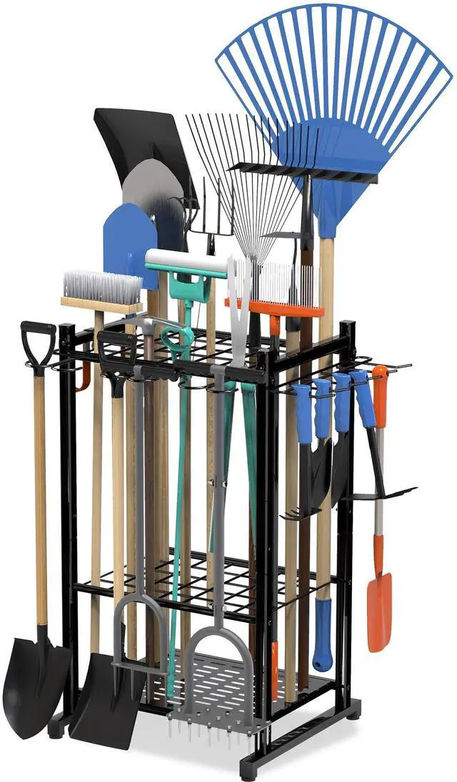 Main image of Garden Tool Organizer Rack Up to 50 Tools, Heavy-Duty Steel Yard Tool Organizer for Garage Storage with 11 Hooks, Broom Holder & Garden Tool Rack for Shed, Patio, Outdoor Use, Black