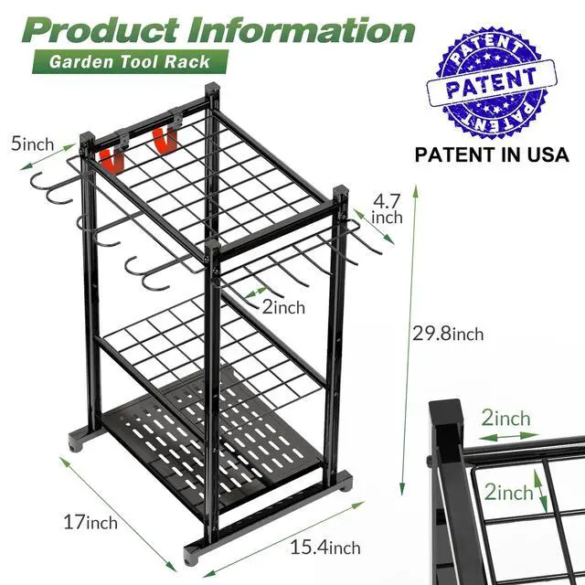 Alt view image 2 of 7 - Garden Tool Organizer Rack Up to 50 Tools, Heavy-Duty Steel Yard Tool Organizer for Garage Storage with 11 Hooks, Broom Holder & Garden Tool Rack for Shed, Patio, Outdoor Use, Black