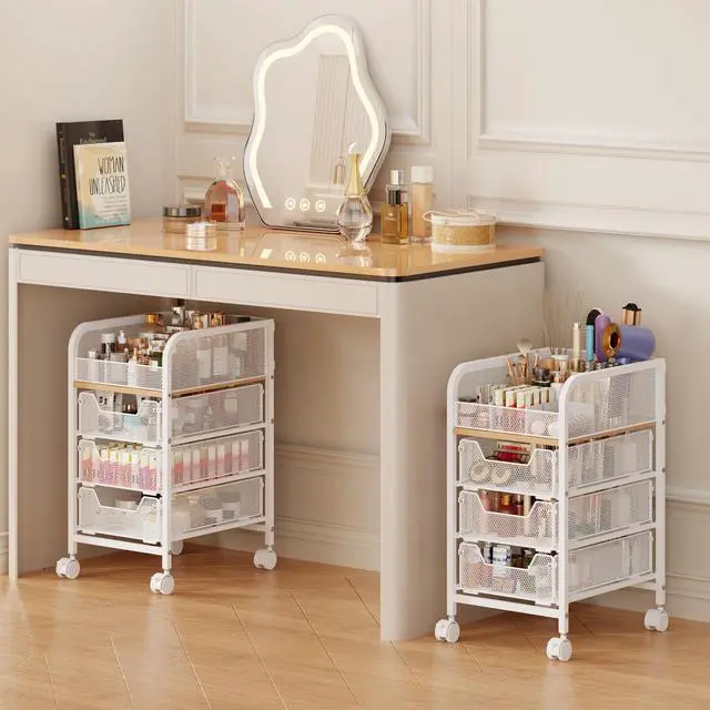 Main image of Rolling Makeup Cart Organizer with 3 Drawers, 4-Tier Narrow Floor Skincare Organizers with dividers, Vanity Organizer Cosmetics Display Cases for Makeup Brush, Hair Tool, White
