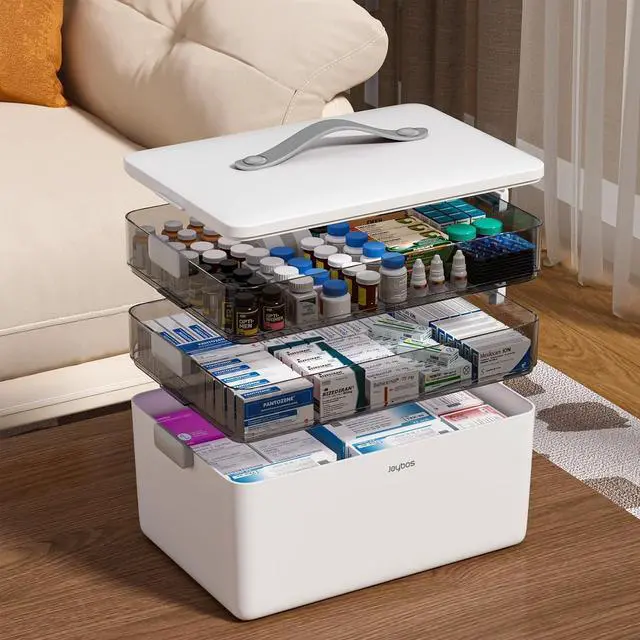 Main image of 3-Tier Medicine Storage Box Cabinet, Empty First Aid Kit Portable Medical Supply Organizer with Leather Handle for Home 3-Tier Medicine Storage Box