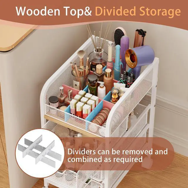 Alt view image 2 of 7 - Rolling Makeup Cart Organizer with 3 Drawers, 4-Tier Narrow Floor Skincare Organizers with dividers, Vanity Organizer Cosmetics Display Cases for Makeup Brush, Hair Tool, White