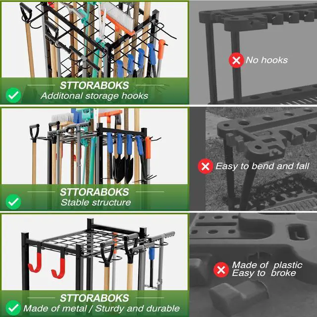 Alt view image 3 of 7 - Garden Tool Organizer Rack Up to 50 Tools, Heavy-Duty Steel Yard Tool Organizer for Garage Storage with 11 Hooks, Broom Holder & Garden Tool Rack for Shed, Patio, Outdoor Use, Black