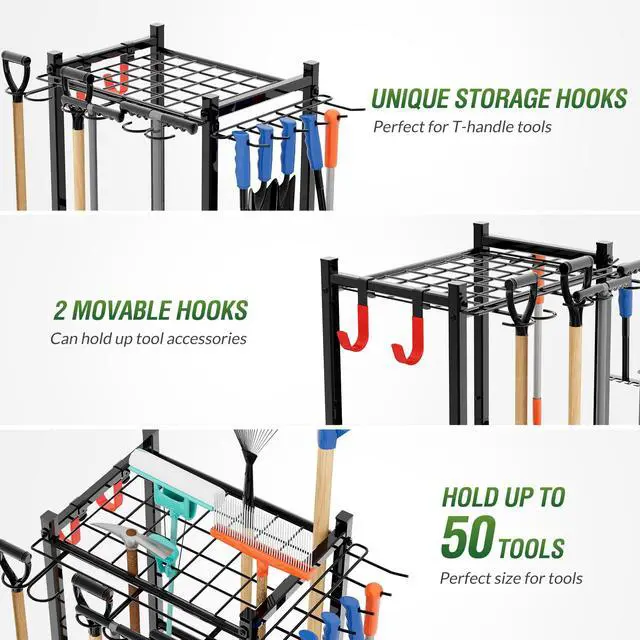 Alt view image 4 of 7 - Garden Tool Organizer Rack Up to 50 Tools, Heavy-Duty Steel Yard Tool Organizer for Garage Storage with 11 Hooks, Broom Holder & Garden Tool Rack for Shed, Patio, Outdoor Use, Black