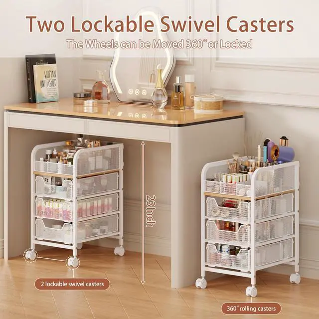 Alt view image 3 of 7 - Rolling Makeup Cart Organizer with 3 Drawers, 4-Tier Narrow Floor Skincare Organizers with dividers, Vanity Organizer Cosmetics Display Cases for Makeup Brush, Hair Tool, White