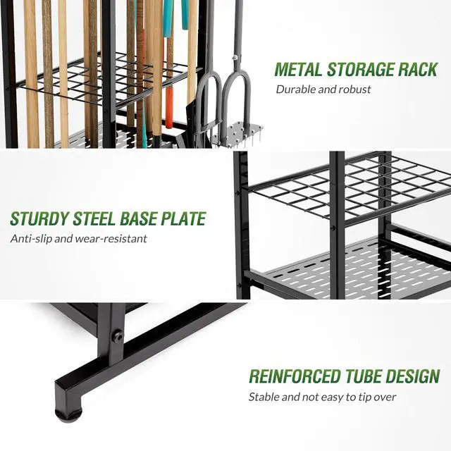 Alt view image 5 of 7 - Garden Tool Organizer Rack Up to 50 Tools, Heavy-Duty Steel Yard Tool Organizer for Garage Storage with 11 Hooks, Broom Holder & Garden Tool Rack for Shed, Patio, Outdoor Use, Black