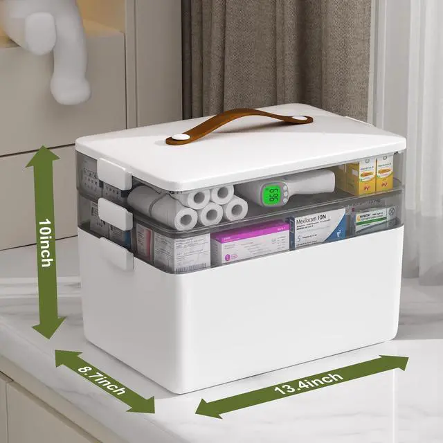 Alt view image 3 of 6 - 3-Tier Medicine Storage Box Cabinet, Empty First Aid Kit Portable Medical Supply Organizer with Leather Handle for Home 3-Tier Medicine Storage Box