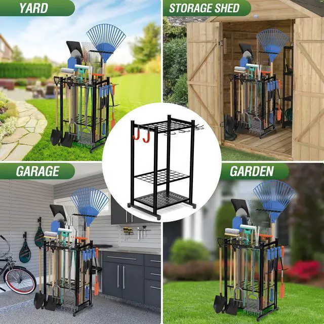 Alt view image 6 of 7 - Garden Tool Organizer Rack Up to 50 Tools, Heavy-Duty Steel Yard Tool Organizer for Garage Storage with 11 Hooks, Broom Holder & Garden Tool Rack for Shed, Patio, Outdoor Use, Black