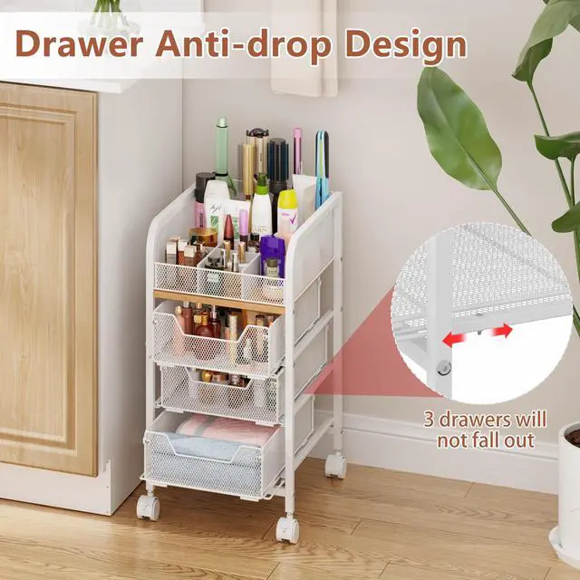 Alt view image 4 of 7 - Rolling Makeup Cart Organizer with 3 Drawers, 4-Tier Narrow Floor Skincare Organizers with dividers, Vanity Organizer Cosmetics Display Cases for Makeup Brush, Hair Tool, White