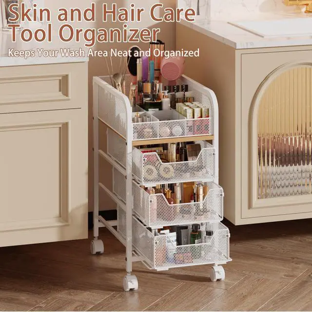 Alt view image 6 of 7 - Rolling Makeup Cart Organizer with 3 Drawers, 4-Tier Narrow Floor Skincare Organizers with dividers, Vanity Organizer Cosmetics Display Cases for Makeup Brush, Hair Tool, White