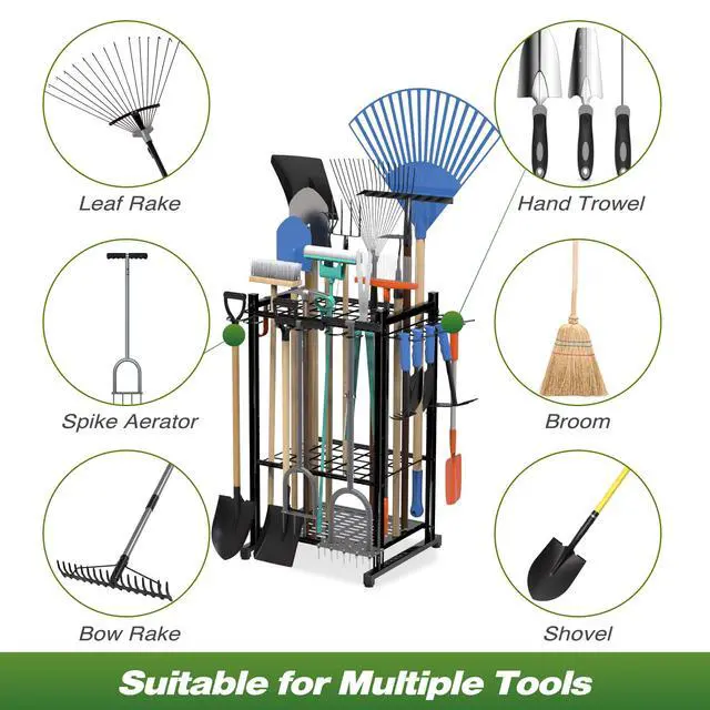 Alt view image 7 of 7 - Garden Tool Organizer Rack Up to 50 Tools, Heavy-Duty Steel Yard Tool Organizer for Garage Storage with 11 Hooks, Broom Holder & Garden Tool Rack for Shed, Patio, Outdoor Use, Black