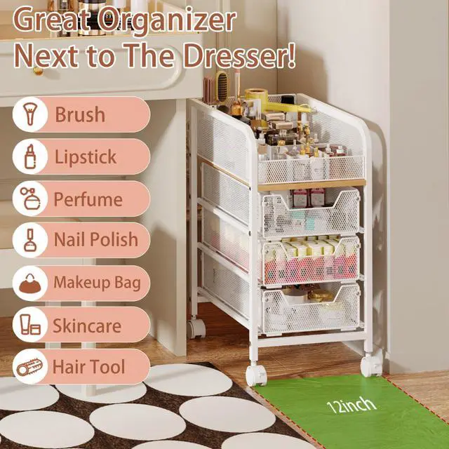 Alt view image 7 of 7 - Rolling Makeup Cart Organizer with 3 Drawers, 4-Tier Narrow Floor Skincare Organizers with dividers, Vanity Organizer Cosmetics Display Cases for Makeup Brush, Hair Tool, White