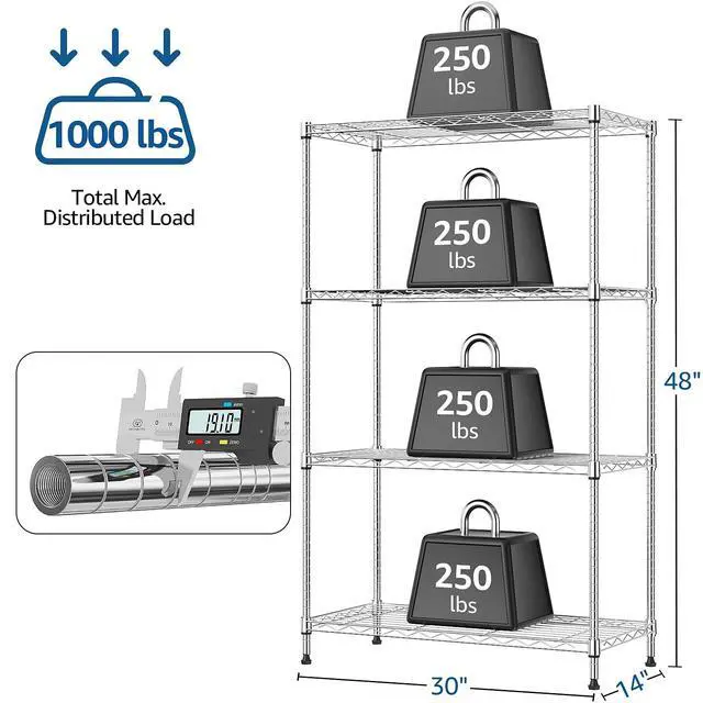 Alt view image 2 of 7 - 1000 lbs 4Tier Shelf Metal Storage Shelves Wire Rack Closet Organizers with Wheel for Garage Kitchen Bathroom Laundry Chrome 13.7" D x 29.5" W x 47.2" H