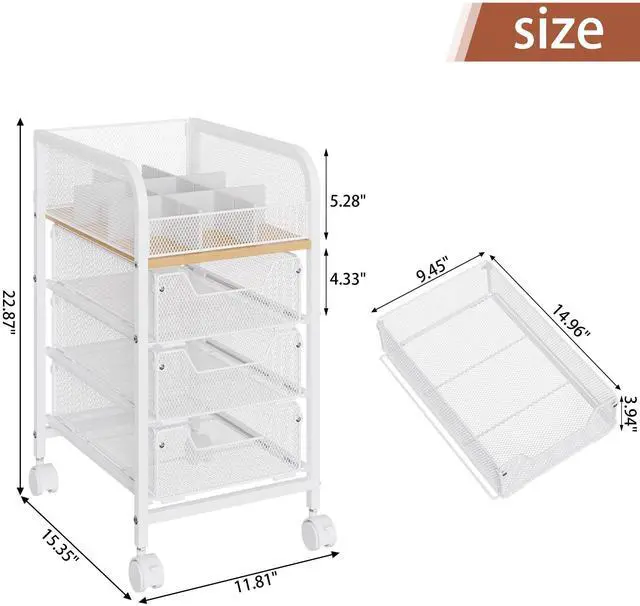 Alt view image 5 of 7 - Rolling Makeup Cart Organizer with 3 Drawers, 4-Tier Narrow Floor Skincare Organizers with dividers, Vanity Organizer Cosmetics Display Cases for Makeup Brush, Hair Tool, White