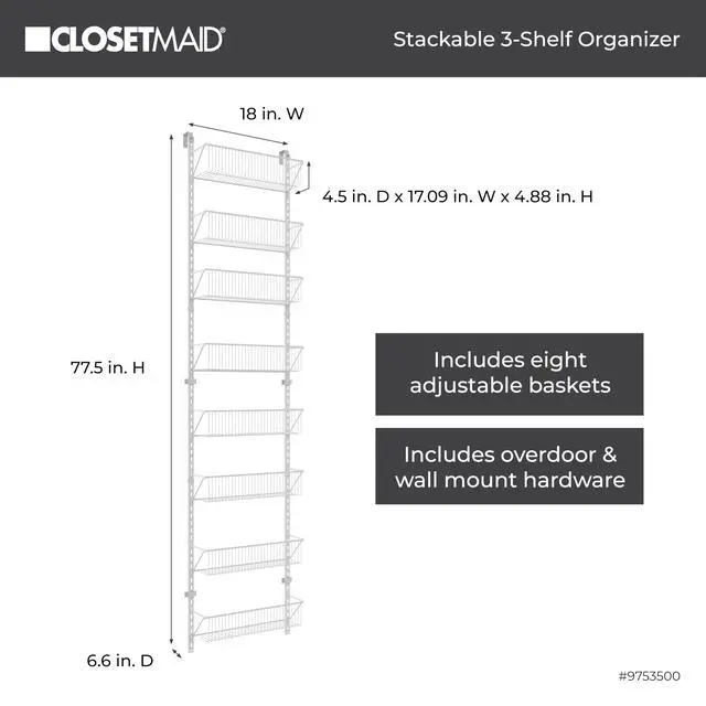 Alt view image 4 of 5 - 97535 Wall or Door Adjustable (8) Basket Organizer, 6.614-Inch D x 77.165-Inch H x 17.992-Inch W, White