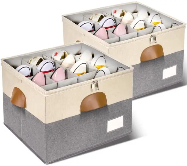 Main image of 2 Pack Shoe Organizer for Closet, Adjustable Shoe Box Storage Containers, Large Foldable Shoe Bins with Clear Cover, Space Saving Shoes Holder with 4 Handles, Fits 16-32 Pairs, Beige