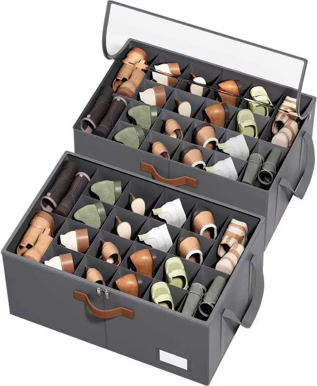 Main image of 2 Pack Shoe Organizer for Closet, Foldable Shoe Storage Organizer with Clear Cover, Lable and Reinforced Handles, Space Saving Shoes Box Fits up to 20-40 Pairs, Gray